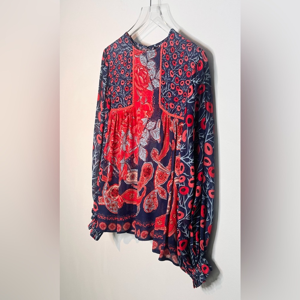 Anthro BLNK Miranda Peasant Red Blue Print Blouse Shirt Top - Picture 6 of 15